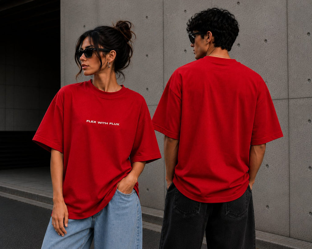 Red FLEX WITH FLUX oversized tee front