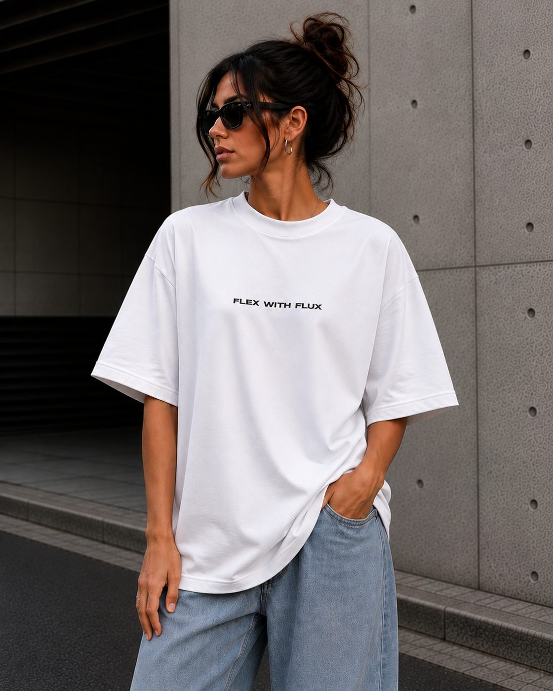White FLEX WITH FLUX oversized tee studio